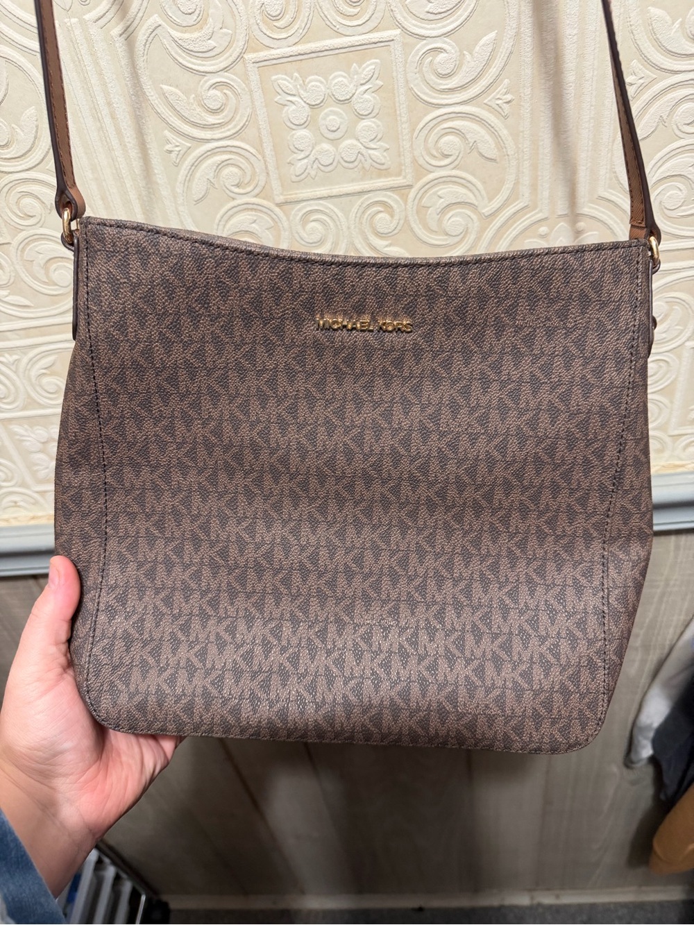 Michael Kors Brown Logo-Print Shoulder Bag with Gold Hardware